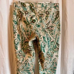 Paisley corduroy capris in mint green and earth tones